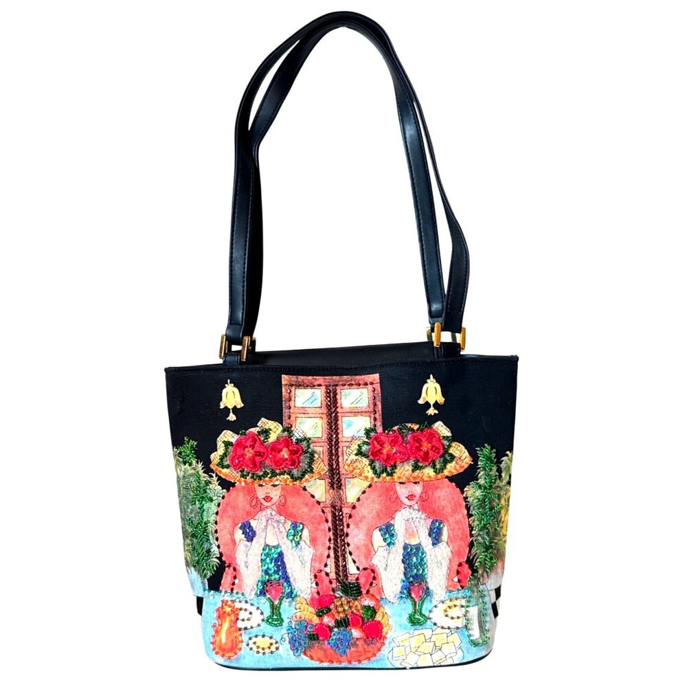 Vintage Colorful Beaded Canvas Tote Bag With Double Handles & Vibrant Embroidere